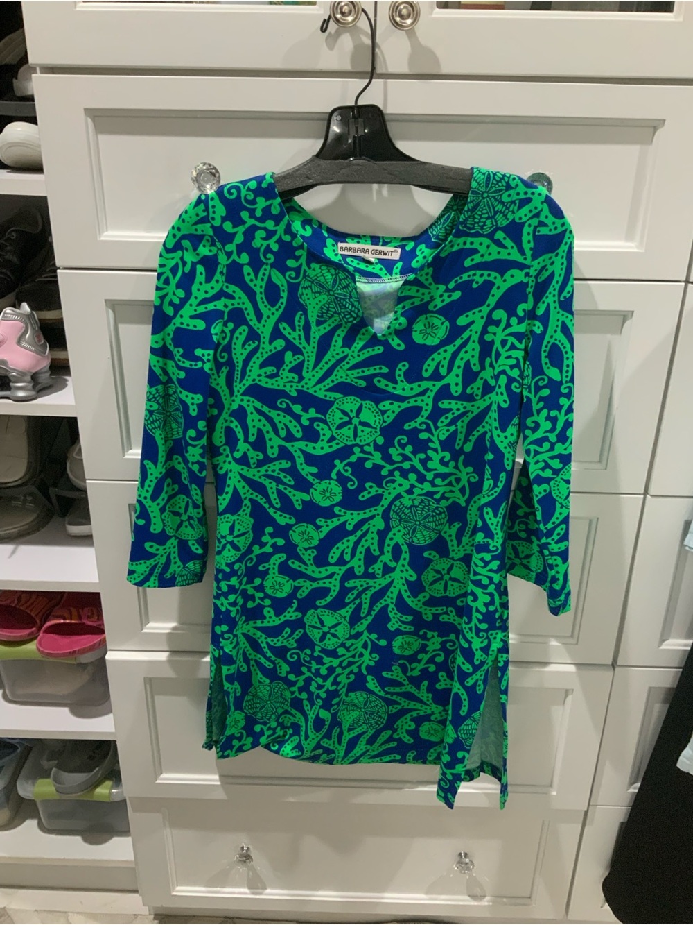 Barbara Gerwit Blue Tunic with Neon Green Coral Print